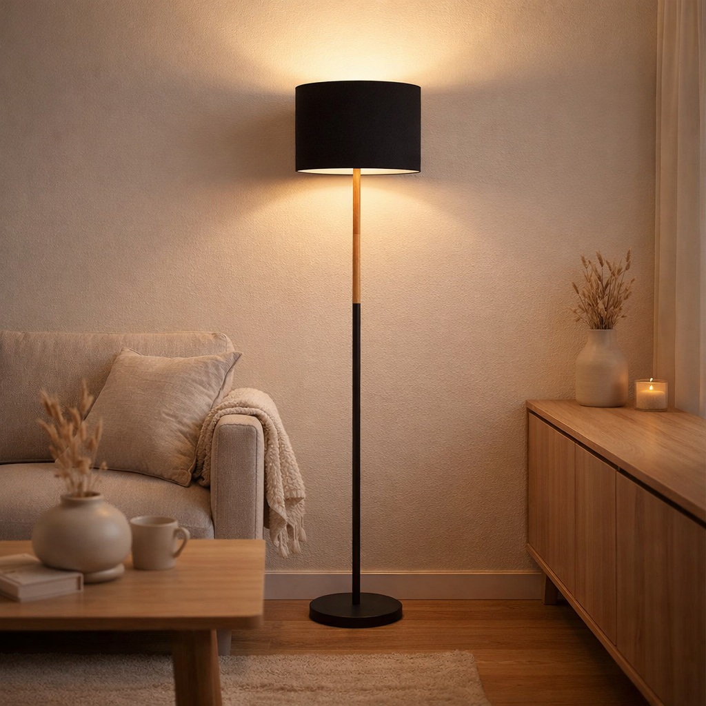 Lampe debout textile Tessile, lampadaire en métal, arbre en caoutchouc et tissu en noir et nature, socket e27, 126 cm de haut en situation