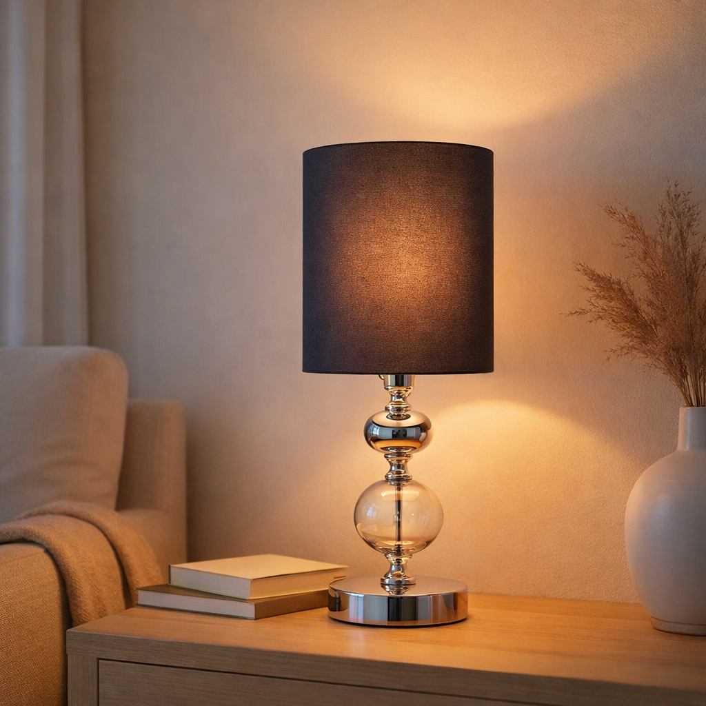 Tissu, lampe de table Mali, lampe de table, textile en noir, avec douille E14, pour salle à manger, salon, couloir ou bureau, lampe de table pour salon ou salle à manger, lampe de chevet 28,5 cm de haut en situation