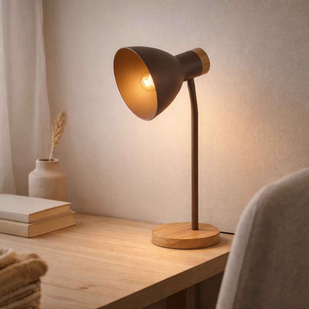 Lampe de bureau Marie en métal et en bois, E14, marron, 36,5 cm de haut en situation