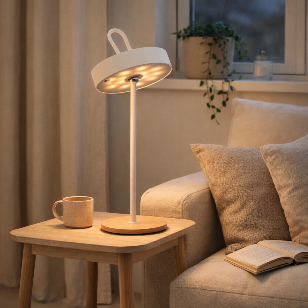 Lampe de table de batterie LED magnétique pour l'extérieur et à l'intérieur, en métal et en plastique en blanc, 36 cm de haut en situation