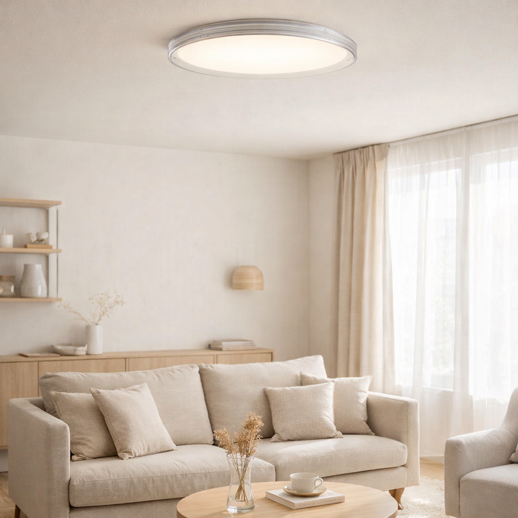 Plafond LED Claire Ø 50,5 cm, 7,5 cm de haut, métal et plastique en blanc, LED intégrée, 1600 lm, dimmable, fonction CCT, 3000-5000 K, fonction de lumière nocturne en situation