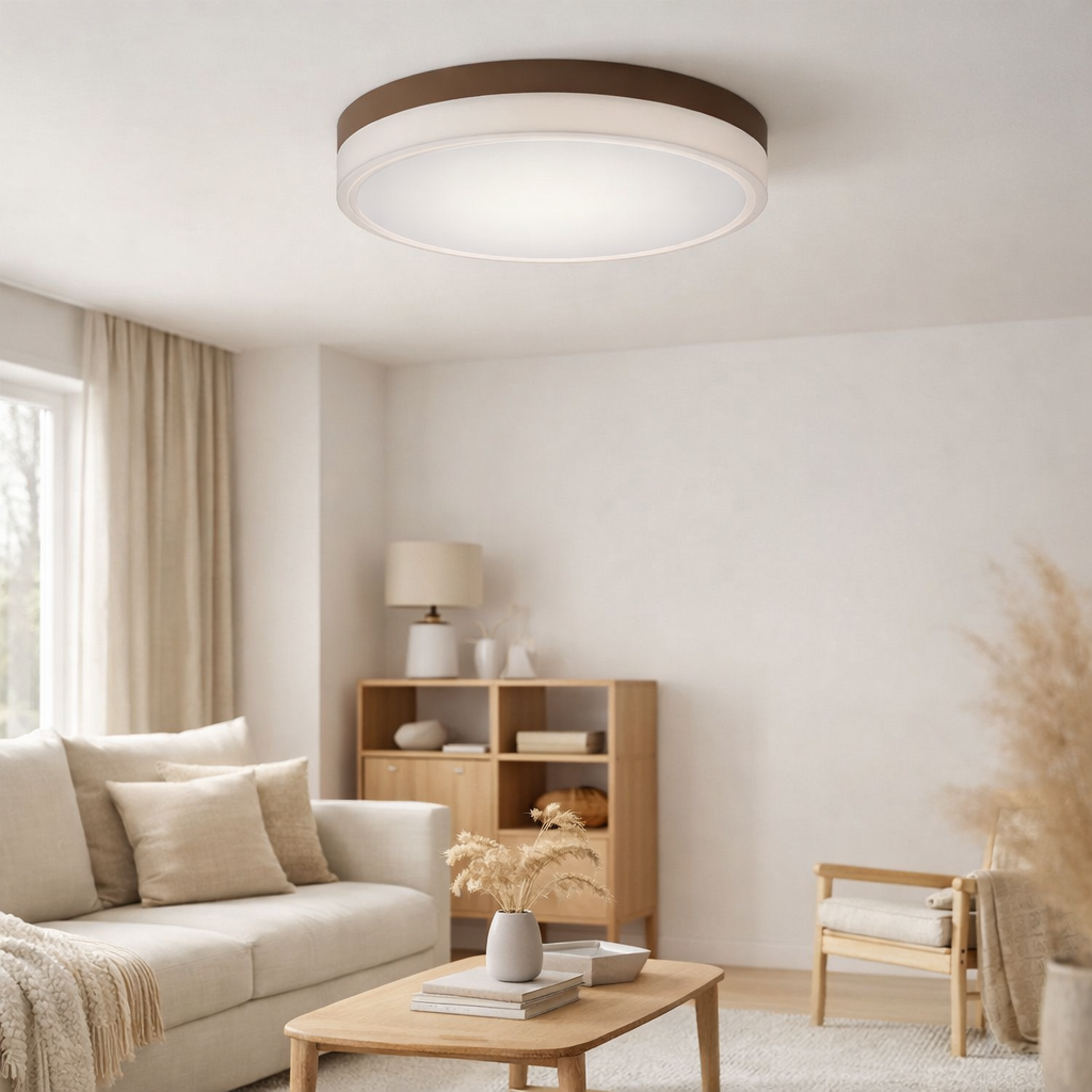 LED PLADIER LED LOLA Ø de 50 cm, 9 cm de haut, métal et plastique en brun et blanc, LED intégré, 1900 lm, dimmable, fonction CCT 3000-6500 K, fonction de lumière nocturne en situation