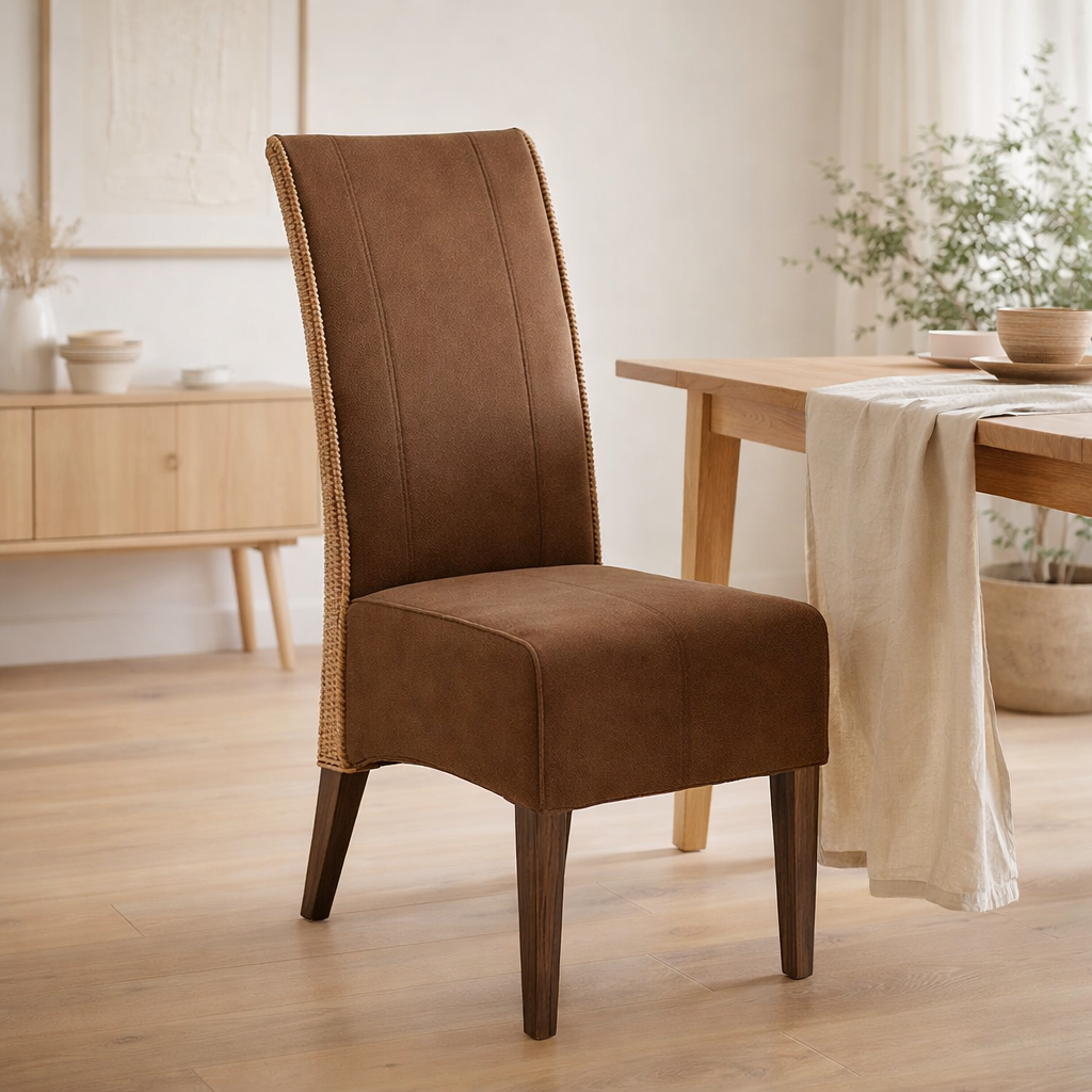 Chaise en rotin chaise rembourrée chaise de salle à manger chaises Antonio sellerie aspect daim marron prairie en situation