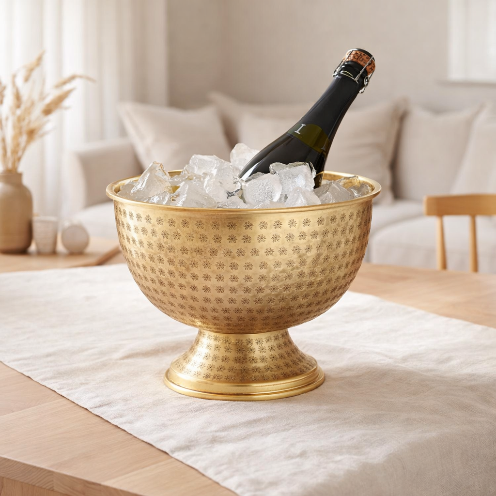 Bouteille refroidisseur à vin refroidisseur à 4 parties Métal Ø 29 cm Champagne refroidisseur Round Silver Gol Ice Skyhears Champagne en situation