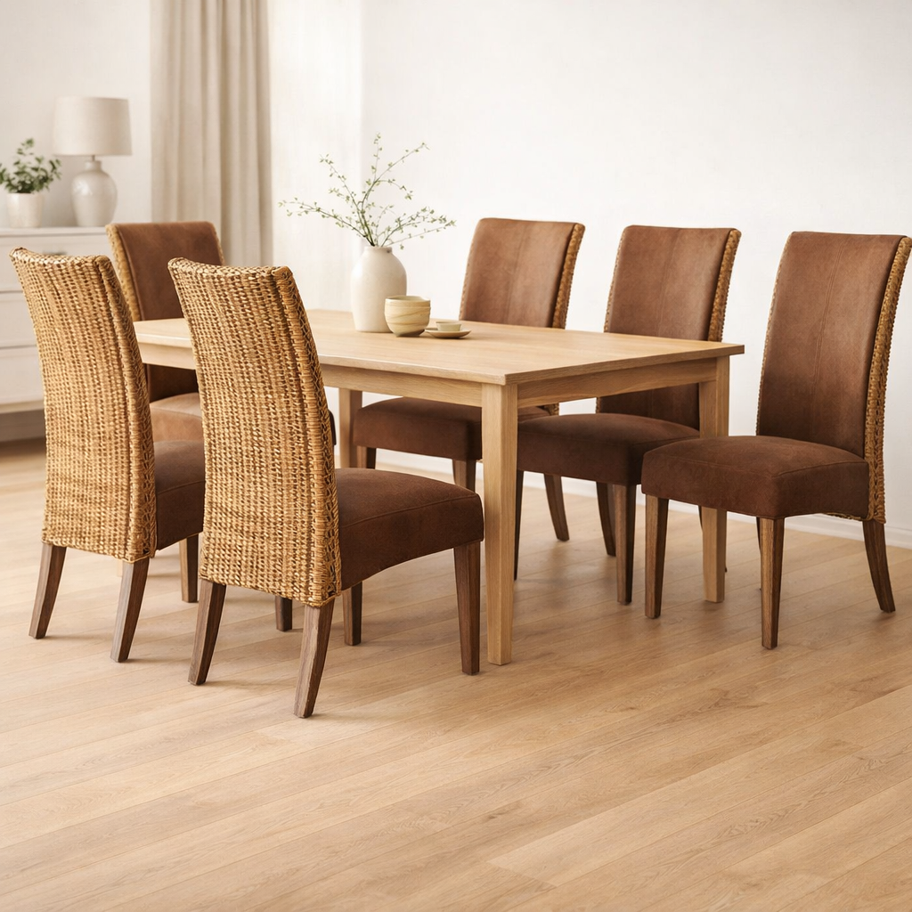 Chaises de rotin fixer 6 morceaux de chaises de salle à manger chaises rembourrées Antonio Brown Upholstery Wildleather en situation