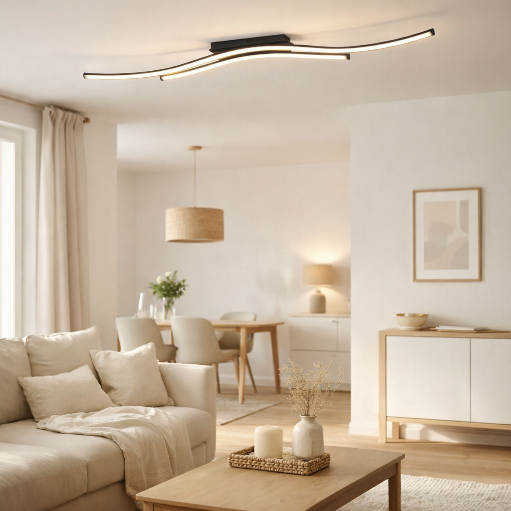 LED Plafond Onda, plafond en métal et en plastique en noir, avec des LED fermement construites, LED de plafond, 96 cm de long en situation