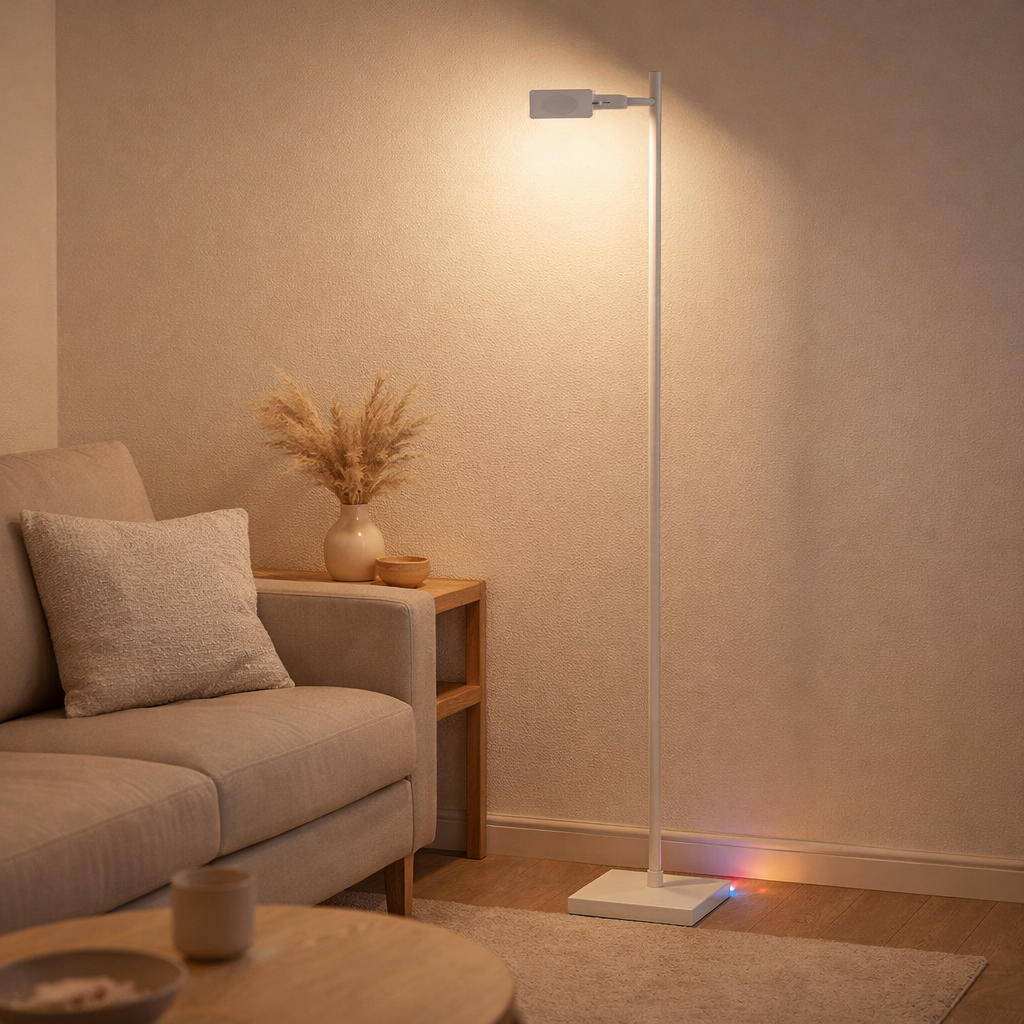 LED sans fil LED Lupa, 135 cm de haut, aluminium blanc et plastique, LED intégrée, 2400 lm, dimmable, fonction CCT, 3000-6500 K, changeur de lumière RGB en situation