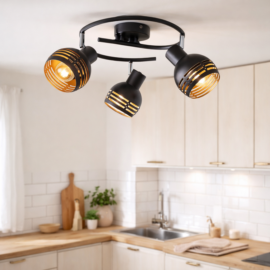 Mur à 3 places et plafond Rondel Spot Casco en métal en noir, et or, avec version E27, Øca. 48 cm. Éclairage élégant pour le salon, la salle à manger ou la cuisine. en situation