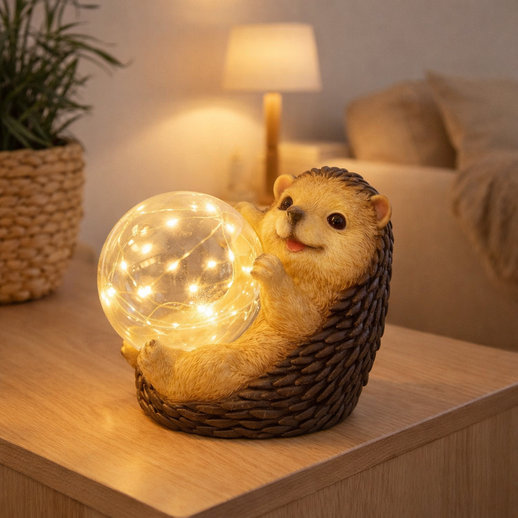 Lampe solaire LED hérisson pour la terrasse et le jardin, en plastique brun, avec des LED fermement construites, lampe de décoration pour l'extérieur de 17 x 14. en situation