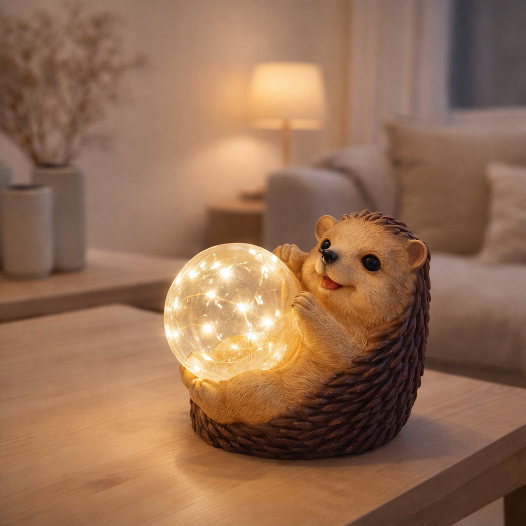 Lampe solaire LED hérisson pour la terrasse et le jardin, en plastique brun, avec des LED fermement construites, lampe de décoration pour l'extérieur de 17 x 14. en situation