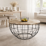 Table basse ronde durable Lexington ø 75 cm treillis métallique fil métallique table de salon en bois massif en situation