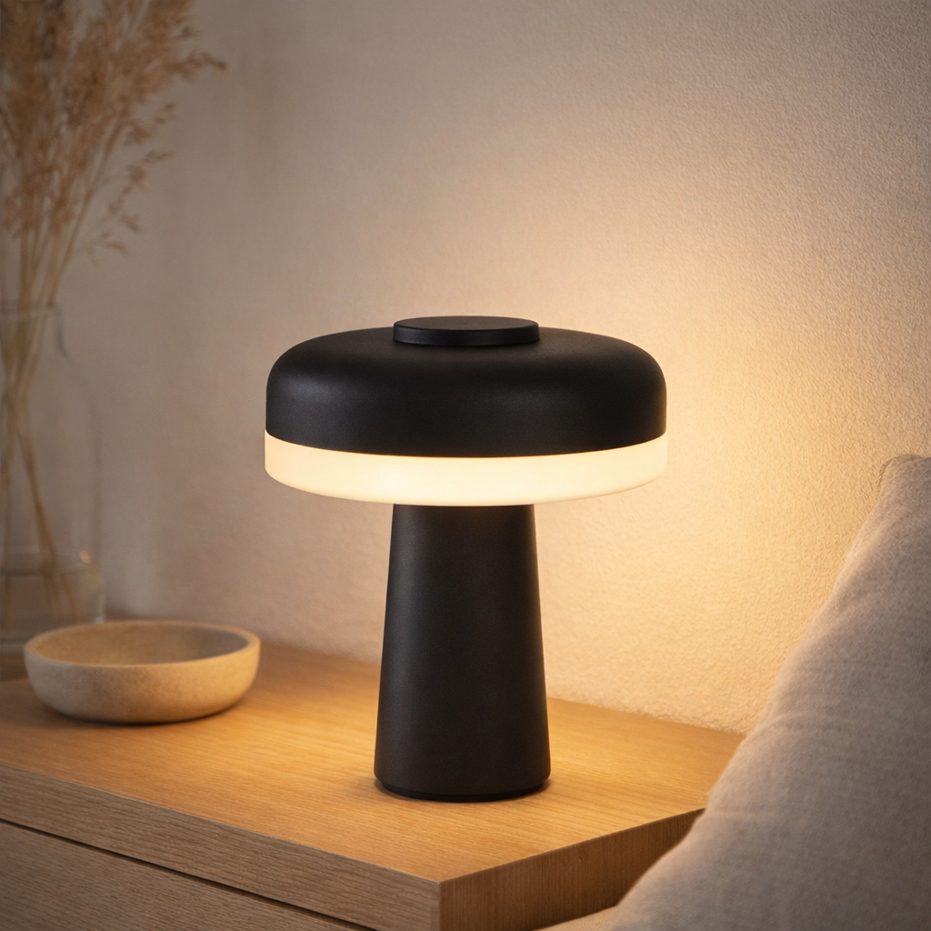 «PilU de la tablette sans fil, 16,5 cm de haut, au-dessus de Ø de 15 cm, métal en noir, plastique blanc, LED intégrée, 280 lumens, dimmable par capteur tactile, blanc chaud blanc en situation