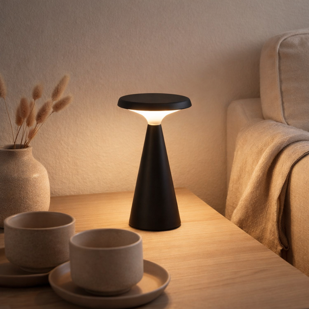 Table de batterie solaire légère Palu pour l'extérieur et à l'intérieur, en plastique en noir, 20 cm de haut en situation