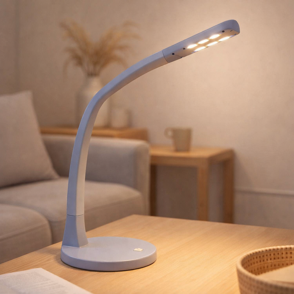 Lampe de table LED Tim bleu clair, plastique et silicone, 48,5 cm de haut en situation