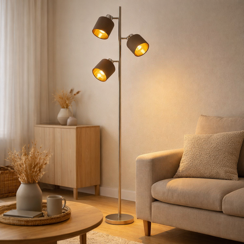 Lampe debout Maron en métal-satin-matt avec parasols en tissu en marron, avec une douille E14, pour salle à manger, salon, couloir ou bureau, lampe pour le salon, la salle à manger, le couloir et le bureau, la lampe debout à l'intérieur de 153 cm d en situation