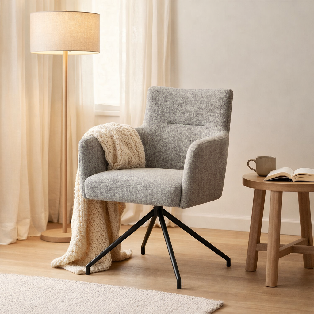 Joey Armchair tissu rétro Bliss Grey Frame noir en situation
