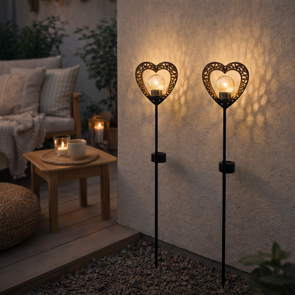 2 Set LED Lampe solaire Heart avec brochette de terre pour le jardin et la terrasse en métal en noir, et or, avec des LED fermement intégrées, 59 cm de haut en situation
