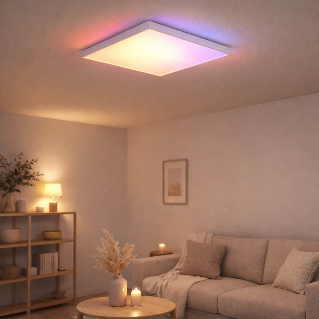 Smart Home LED Backlight Panneau Longueur côté 45 cm, de nombreuses fonctions, transport de lampe en métal et en plastique, LED intégrés en situation