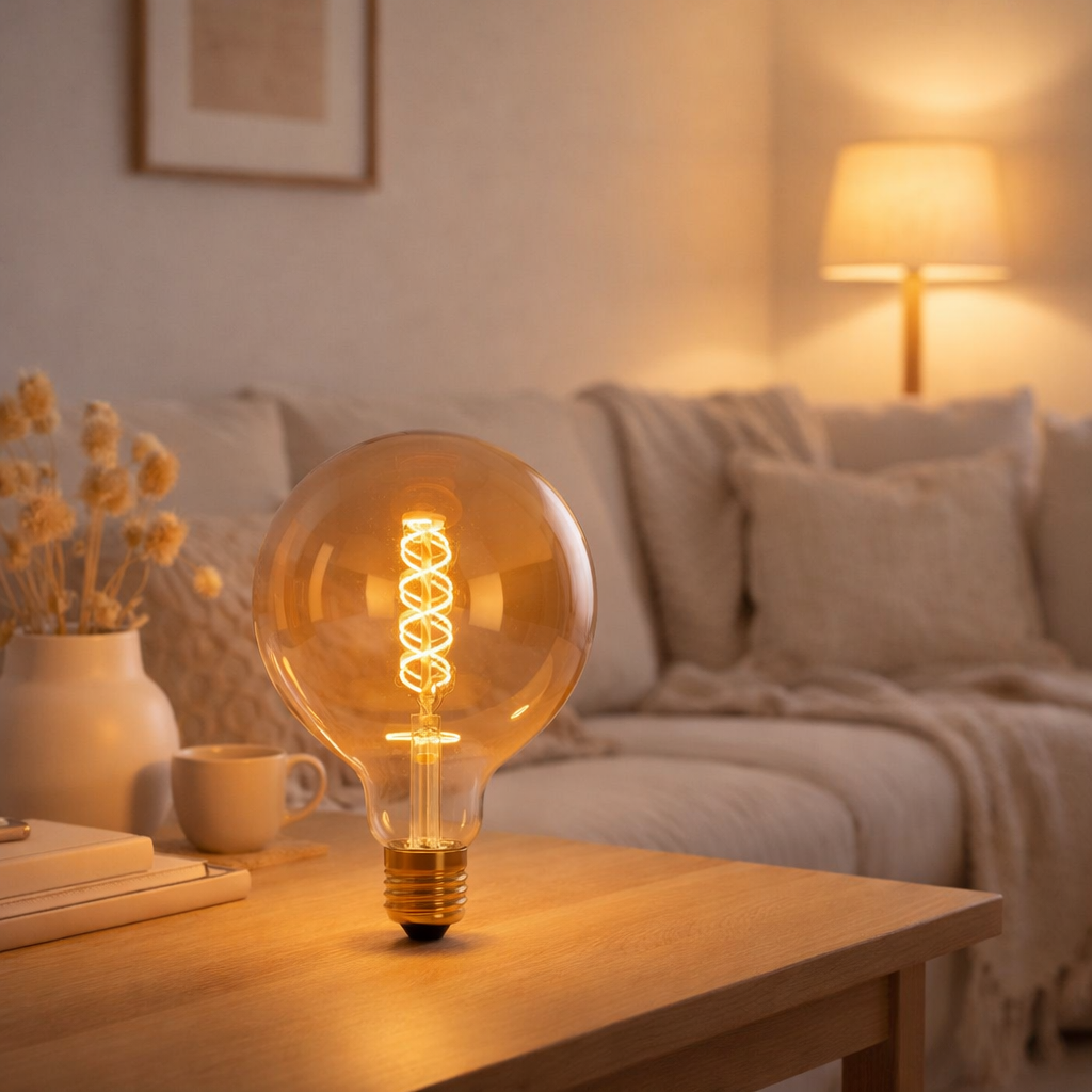 2 Set LED lampe E27 Version, 5 watt Ø 12,5 cm, métal et verre, ambre en situation