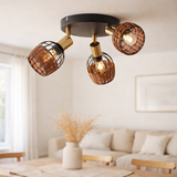 Plafond 3 Corbis Rondel, tache métallique en noir, avec or et rotin, avec douille E14, pour salle à manger, salon, couloir ou bureau, éclairage pour le salon, la salle à manger ou le bureau, 38 cm de diamètre de diamètre en situation