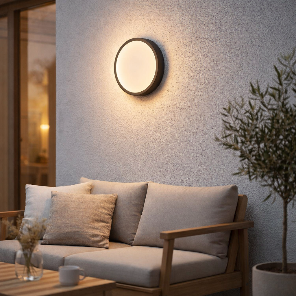Lampe murale extérieure LED Mio Ø 27 cm en métal et plastique colorants en anthracite, IP54 pour l'entrée, le balcon, la terrasse en situation