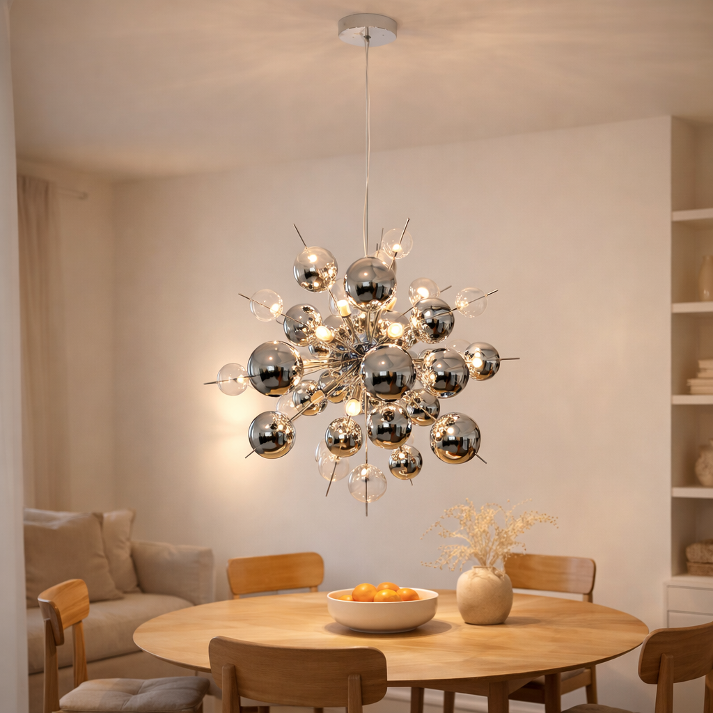 La lampe pendentielle explosion chromée en métal et en verre, versions G9, lampe suspendue pour salle à manger, salon, couloir ou bureau, Øca. 65 cm en situation
