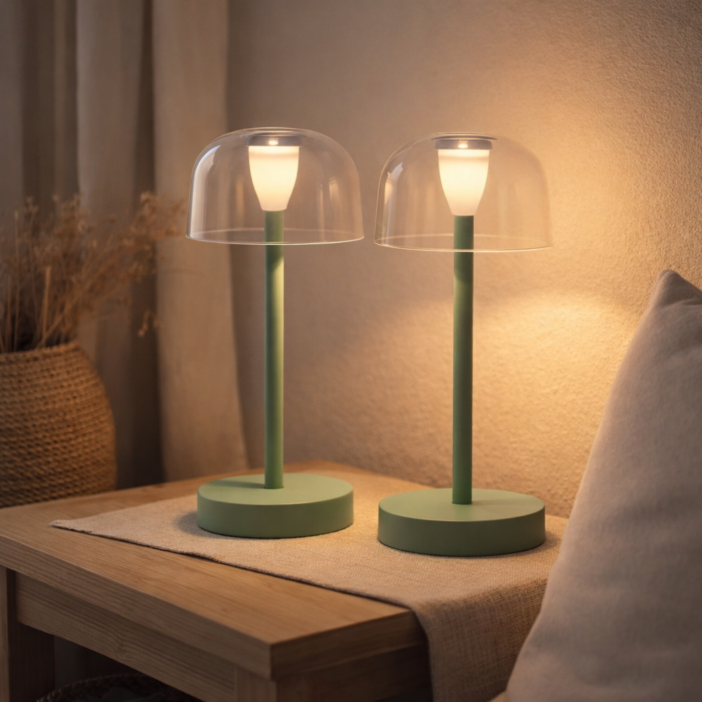 Lampe de table de batterie à LED à 2 sets gomba pour l'extérieur et à l'intérieur, en métal et en plastique à la menthe, 18,5 cm de haut en situation