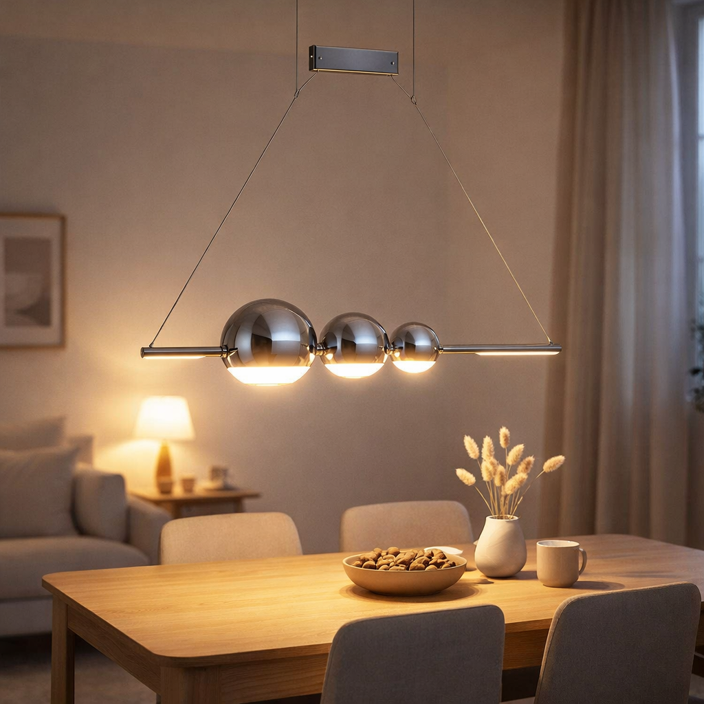 LED PRENDANT LAMP CHROME Nova fait de verre en métal, en plastique et en fumée de chromé, avec des LED fermement construites, environ 105 cm de long de long. en situation