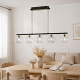 LED GLASS PENDANT LEIL BRASS Noir, classique et suspendu en métal noir et verre, avec des LED fermement intégrées, éclairage pour le salon, la salle à manger ou le bureau, 90 cm de long en situation