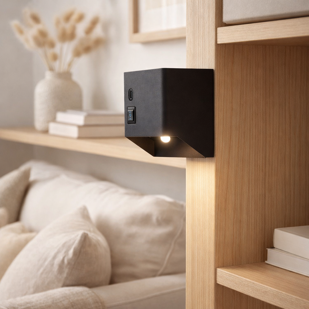 Cordy Wall Light cube magnétiquement, env. 10 x 10 cm, en métal noir, avec capteur de mouvement en situation