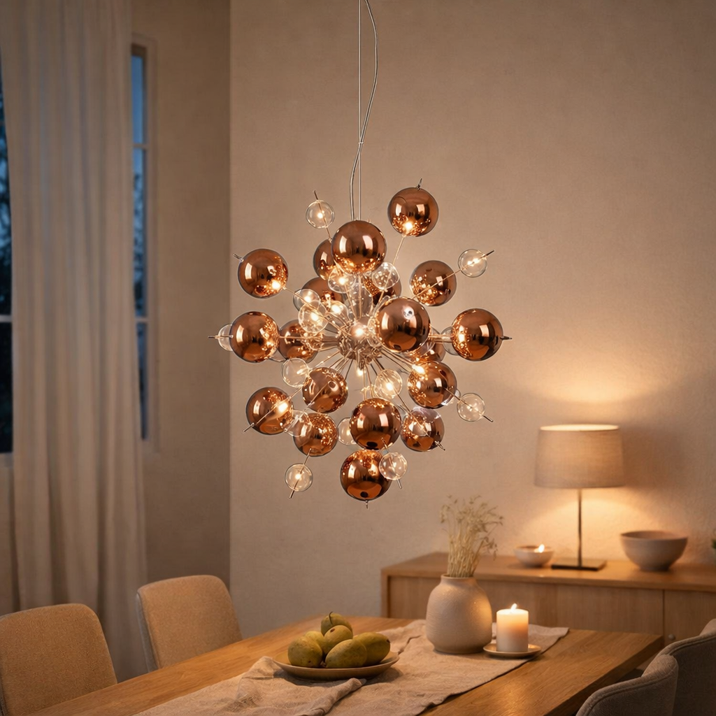 «Explosion» de la lampe en métal et en verre, versions G9, lampe suspendue pour salle à manger, salon, couloir ou bureau, Øca. 65 cm en situation