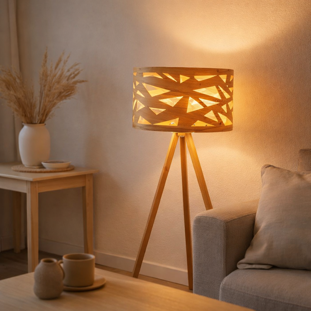 Lampe de table Finja en plastique / holzimitation de couleur naturelle, avec un éclairage de version E27 pour le salon, la salle à manger ou le bureau, 55 cm de haut en situation