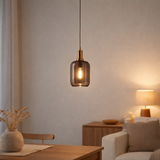 Lampe à 1 pendentif Fumo, lampe à pendentif en métal et en verre en noir, avec une douille E14, pour salle à manger, salon, couloir ou bureau, lampe suspendue 150 x 20 cm en situation
