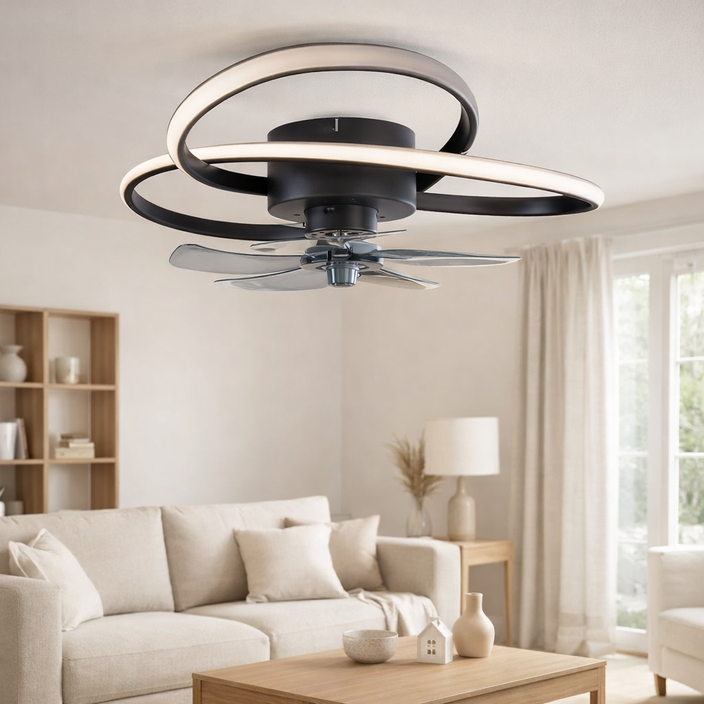 Le plafond LED moderne Leccio, y compris le ventilateur, la fonction de lumière nocturne, la gradation et le réglage de la température de lumière, est équipé de LED fermement installées et dispose d'un Øvon 58 cm approximatif. en situation