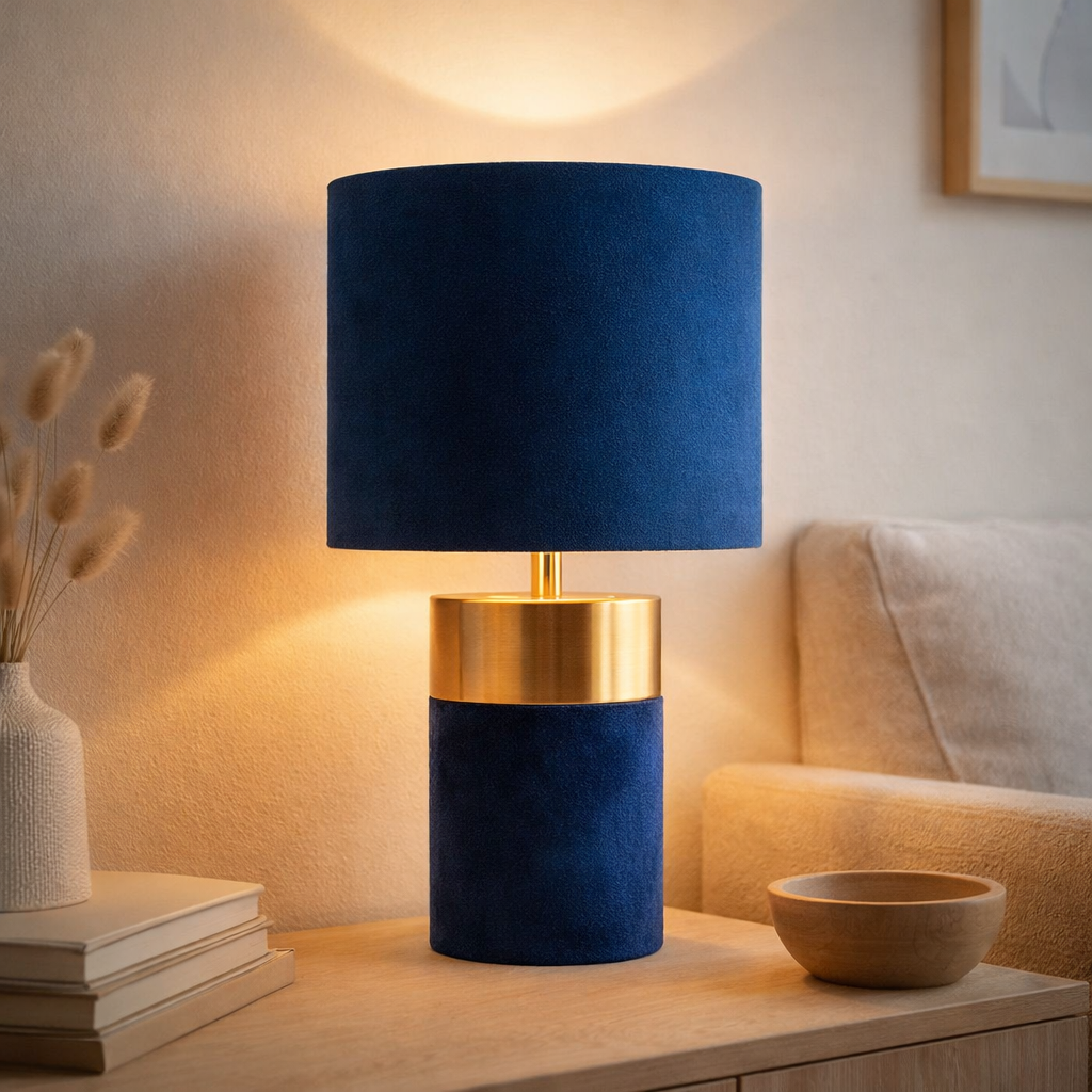 Lampe de table Bordo 32 cm de haut en métal et en velours en or et bleu, avec version E14, lampe pour salle à manger, salon, couloir ou bureau en situation