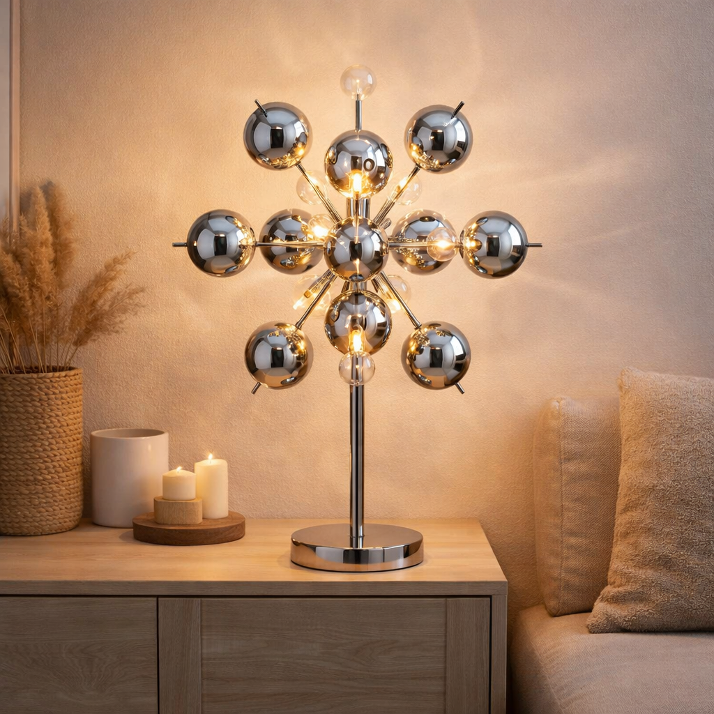 Lampe de table explosion, lampe de table en métal et verre, chrome, G9, lampe de table 73 cm de haut en situation