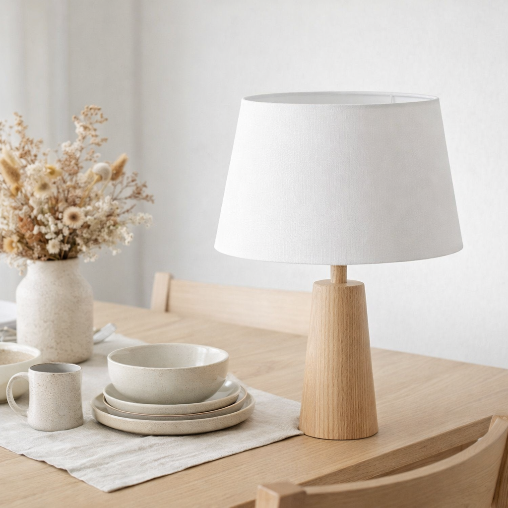 Abat-jour pour les lumières de table, Ø 40 cm en bas, Ø au-dessus de 30 cm, 22 cm de haut, mélange de coton en polyester en blanc. en situation