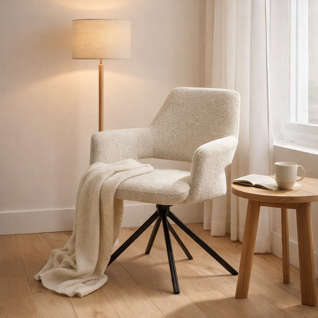Katy Armchair Fabric Teddy Natural, Turn Foot en situation