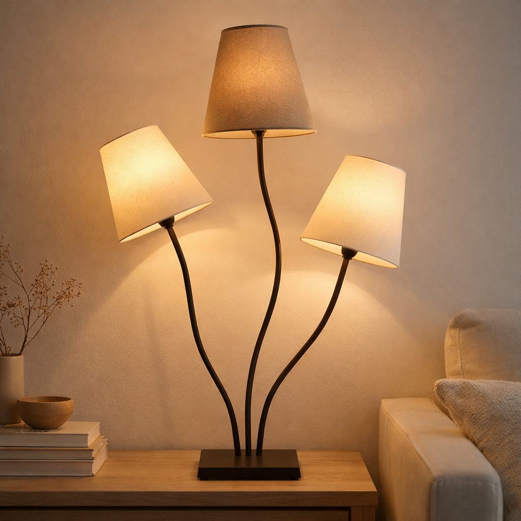 Lampe textile à 3 flammes boho , lampe de table en beige / marron, avec une douille E14, pour salle à manger, salon, couloir ou bureau, 67 cm de haut en situation