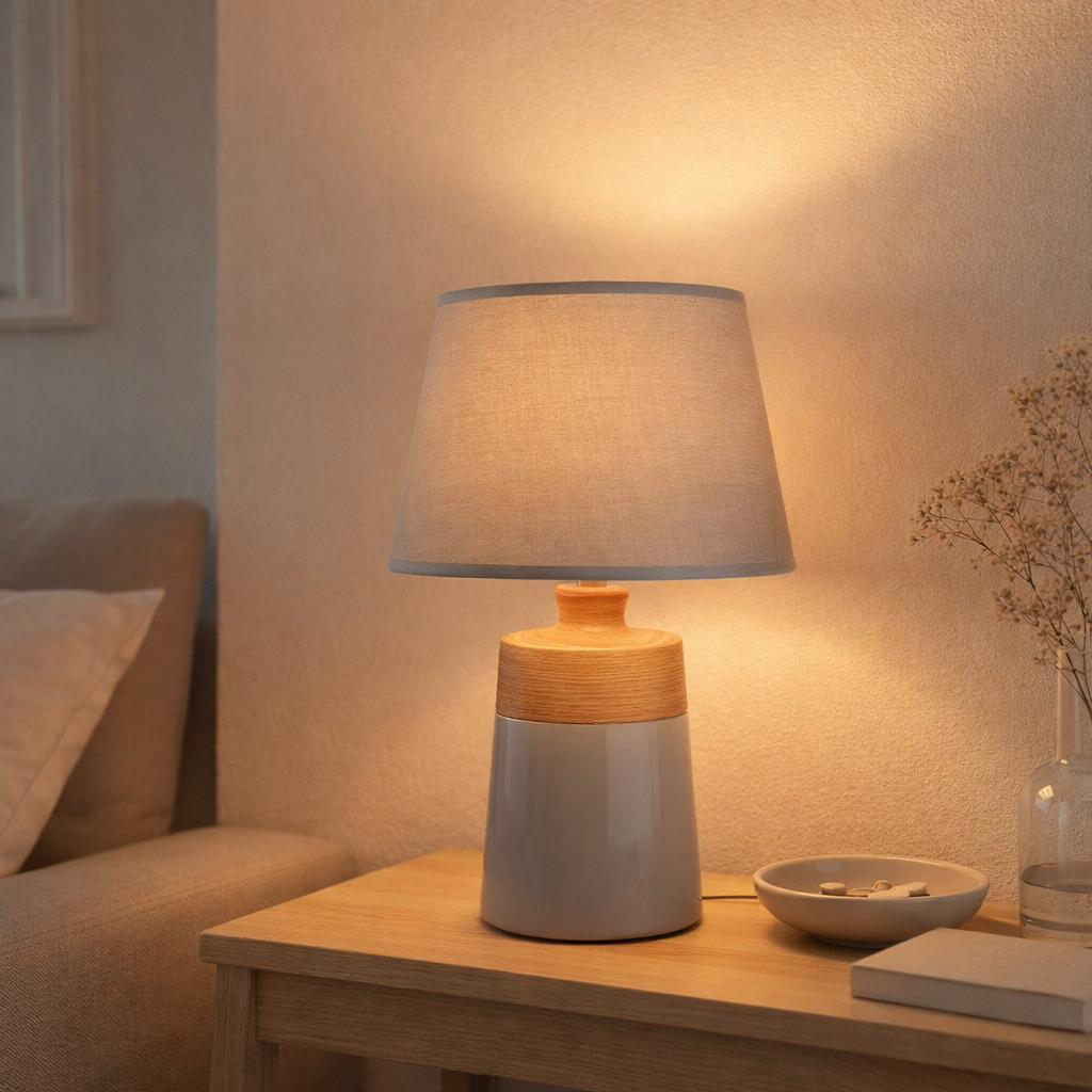 Lampe de table en céramique Talia, lampe de table en céramique, beige / gris, avec socket E14, pour salle à manger, salon, couloir ou bureau, 31 cm de haut en situation