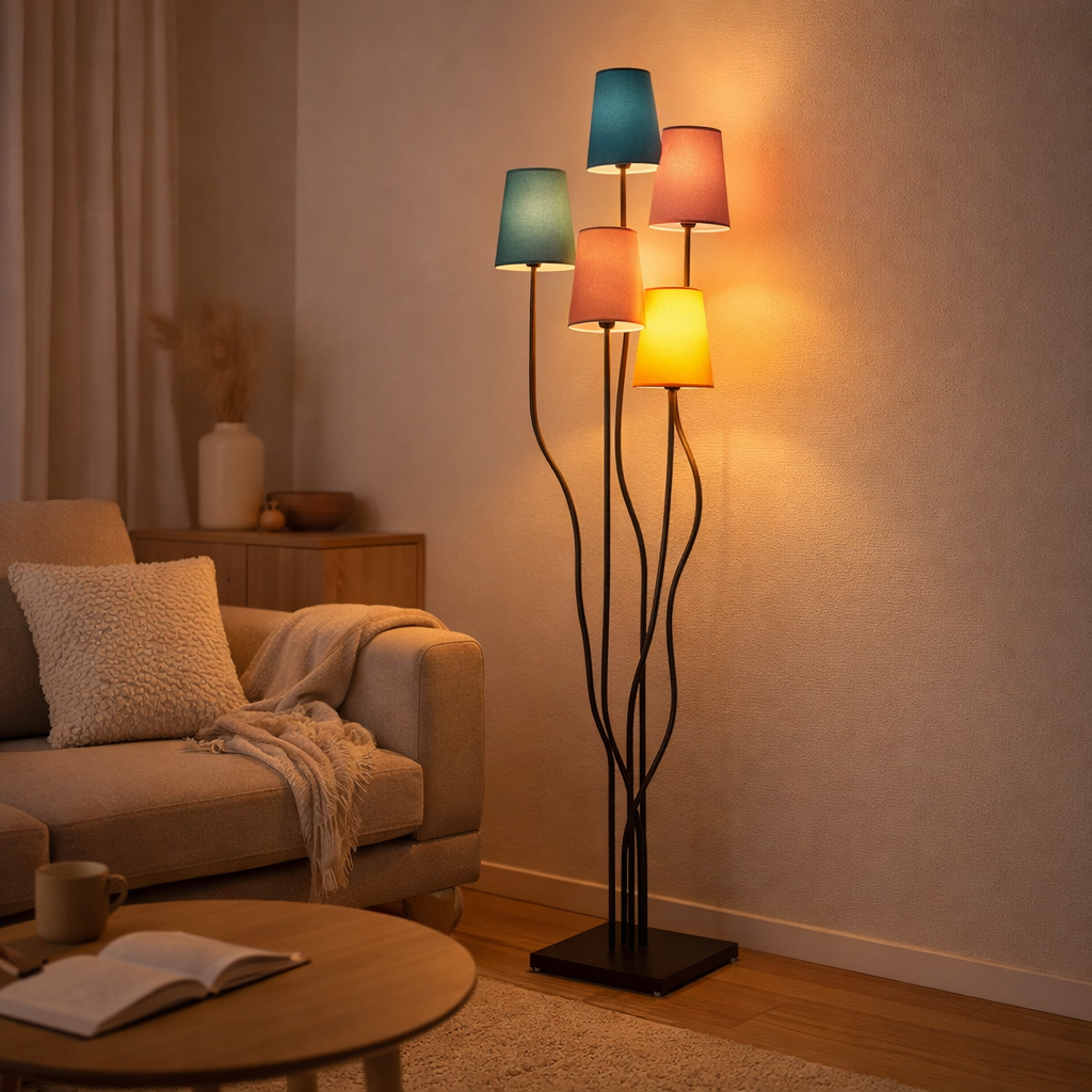 Lampe debout Colora, lampadaire avec parapluies textiles colorés, socket 5x E14, pour salle à manger, salon, couloir ou bureau, 163 cm de haut en situation