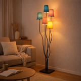 Lampe debout Colora, lampadaire avec parapluies textiles colorés, socket 5x E14, pour salle à manger, salon, couloir ou bureau, 163 cm de haut en situation