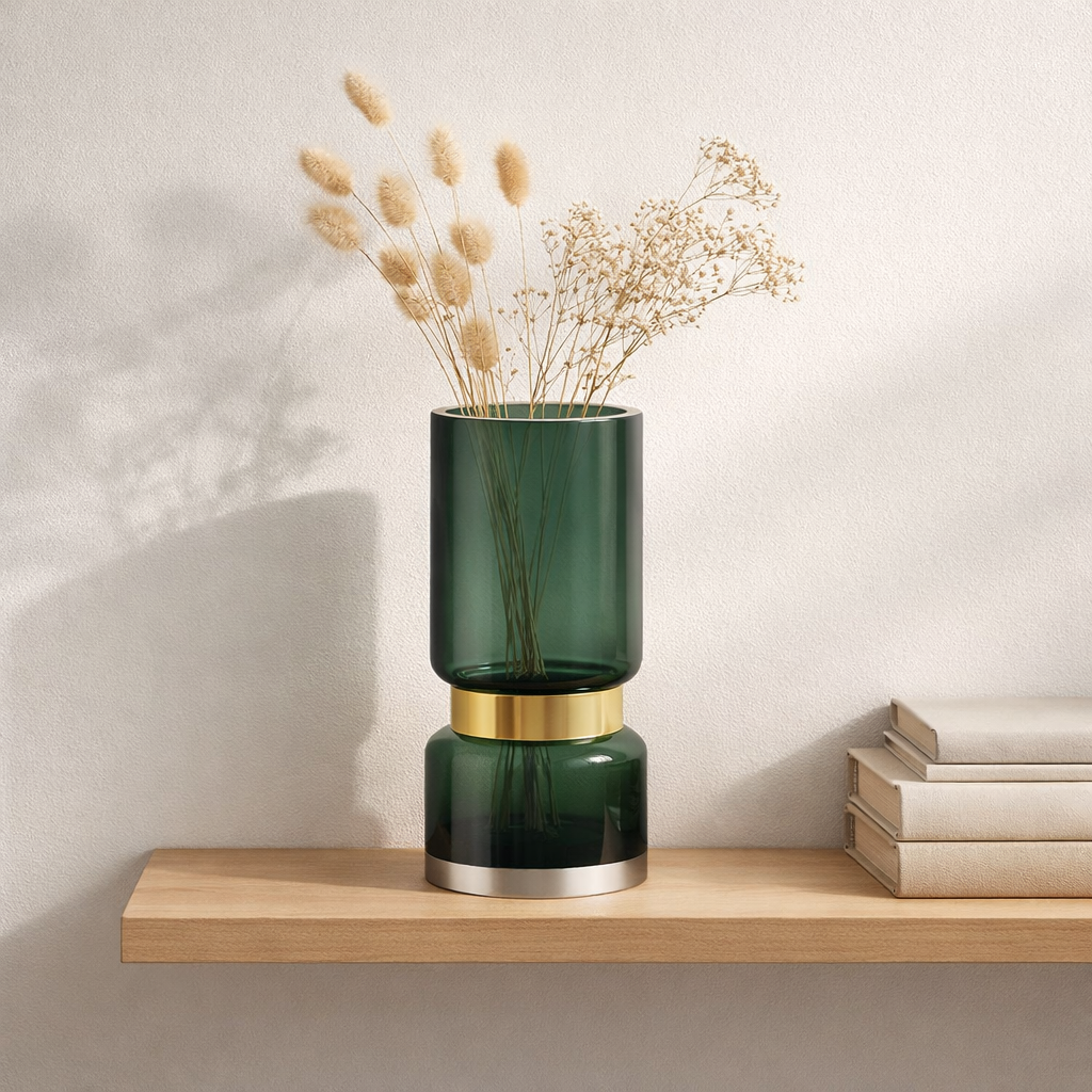 Grand vase en verre vert rétro futuriste de luxe avec or TRI 36 GE en situation