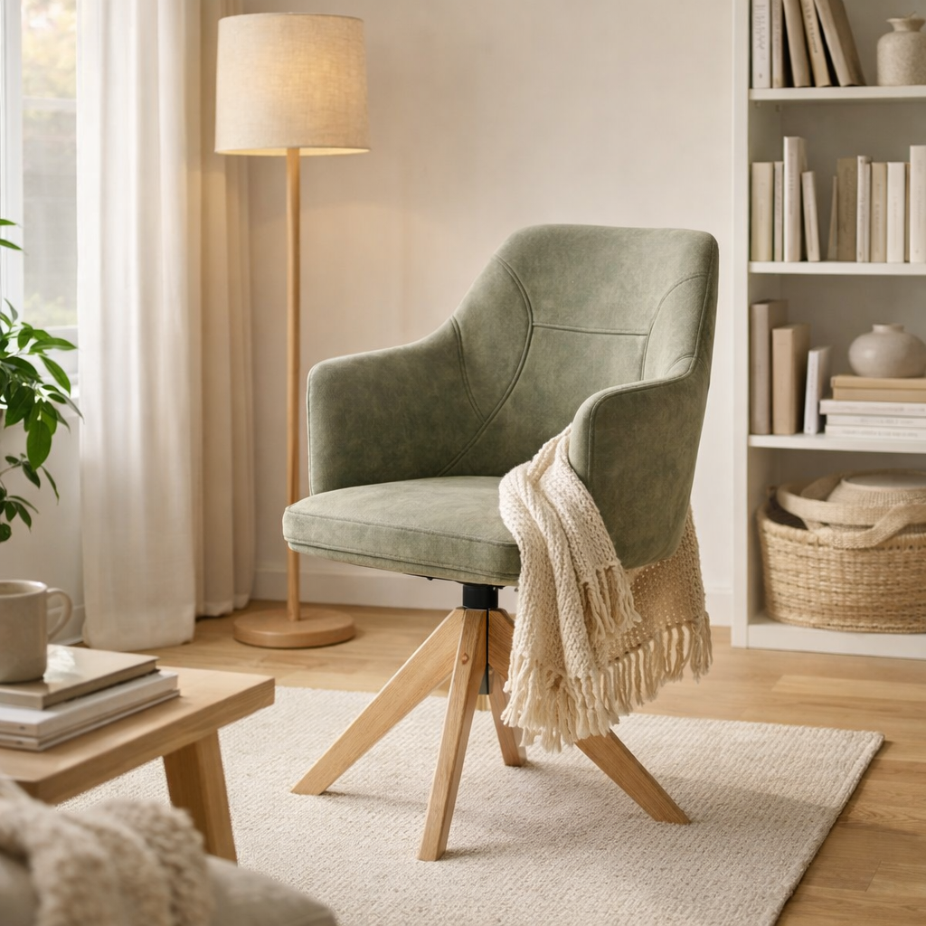 Fauteuil Calvin Turning Punch Oak tissu vert doux en situation