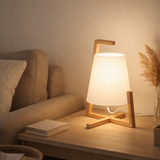 Lampe de table en bambou avec écran en plastique Shoji, avec cadre en bambou, nature et blanc, environ 32 cm de haut, E14, pour le salon, la salle à manger et le bureau en situation