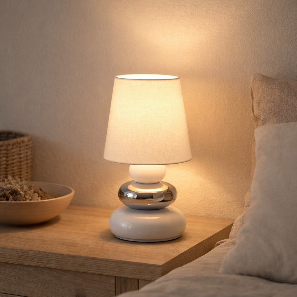 Lampe de table en céramique Stoney, lampe de table en céramique, blanc, avec version E14, lampe de table pour salle à manger, salon, couloir ou bureau, ou comme lampe de chevet, 31 cm de haut en situation