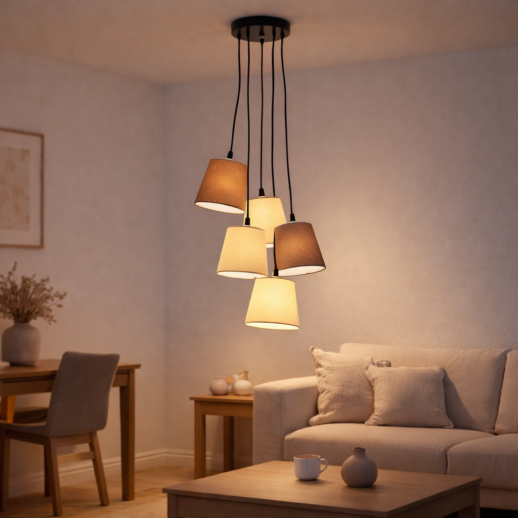 La lampe pendentielle textile Boho, jeune vie, lampe suspendue avec 5 parapluies textiles en beige et brun, avec une douille E14, pour salle à manger, salon, couloir ou bureau, 95 cm de haut en situation