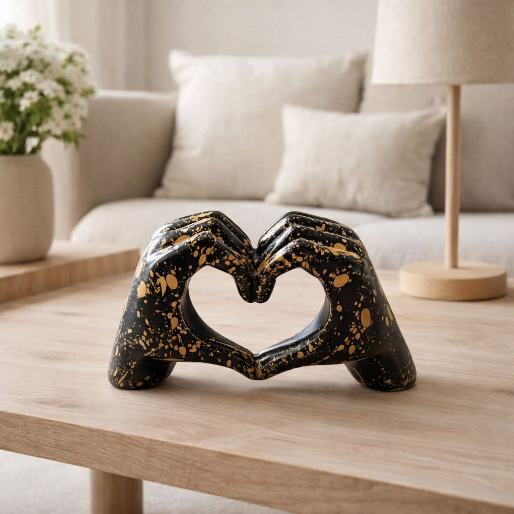 Polyresin Hand Heart Black Gold Splash en situation