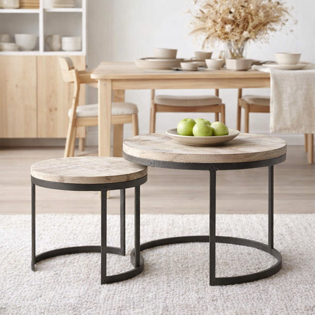 Table basse set de 2 table d'appoint table de salon ronde Austin structure métal argent antique ou noir en situation