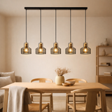 5 pendentif pendentif Foro Retro Pendant lampe en métal en noir et or avec des versions E27, 96 cm de long. Éclairage élégant pour le salon, la salle à manger ou la cuisine. en situation